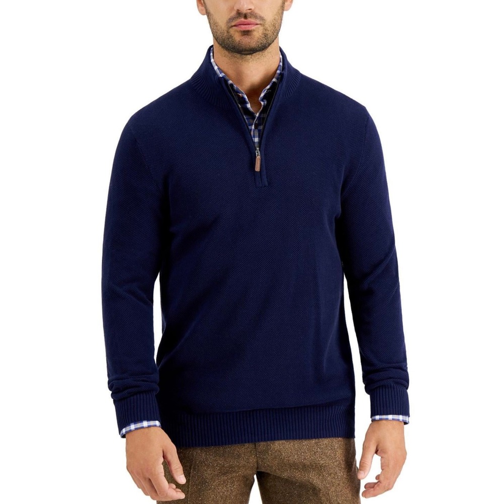 Club Room Mens Navy Blue 1/4 Zip Cotton Textured‎ Knit Sweater Large NEW